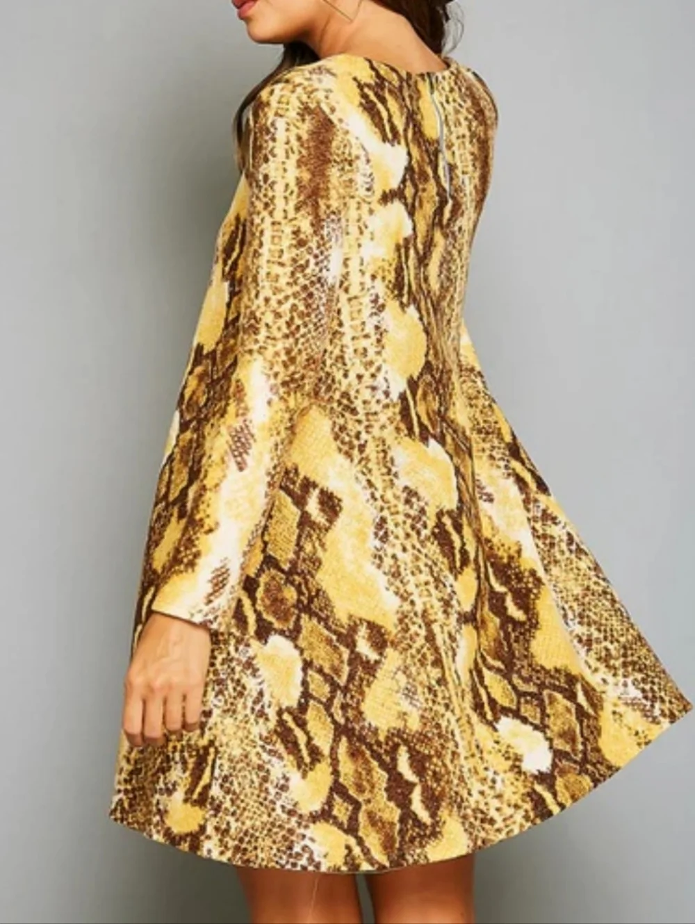 American Curvy Mustard Snakeskin Swing Dress | 1X–3X | Pockets | Statement Print - Picture 5 of 5